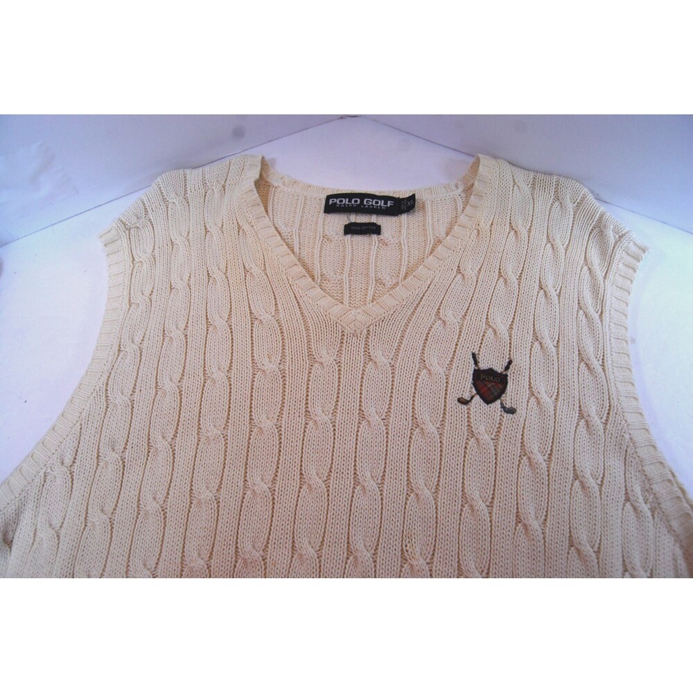 Vintage Men's Polo Ralph Lauren Cable Knit Sweater Vest Golf Logo Size XL Cream